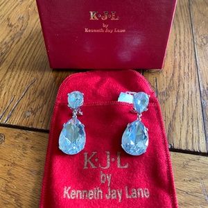 Kenneth Jay Lane CZ Double Teardrop Crystal Drop Pierce Earrings NOS w/ Bag & Bo